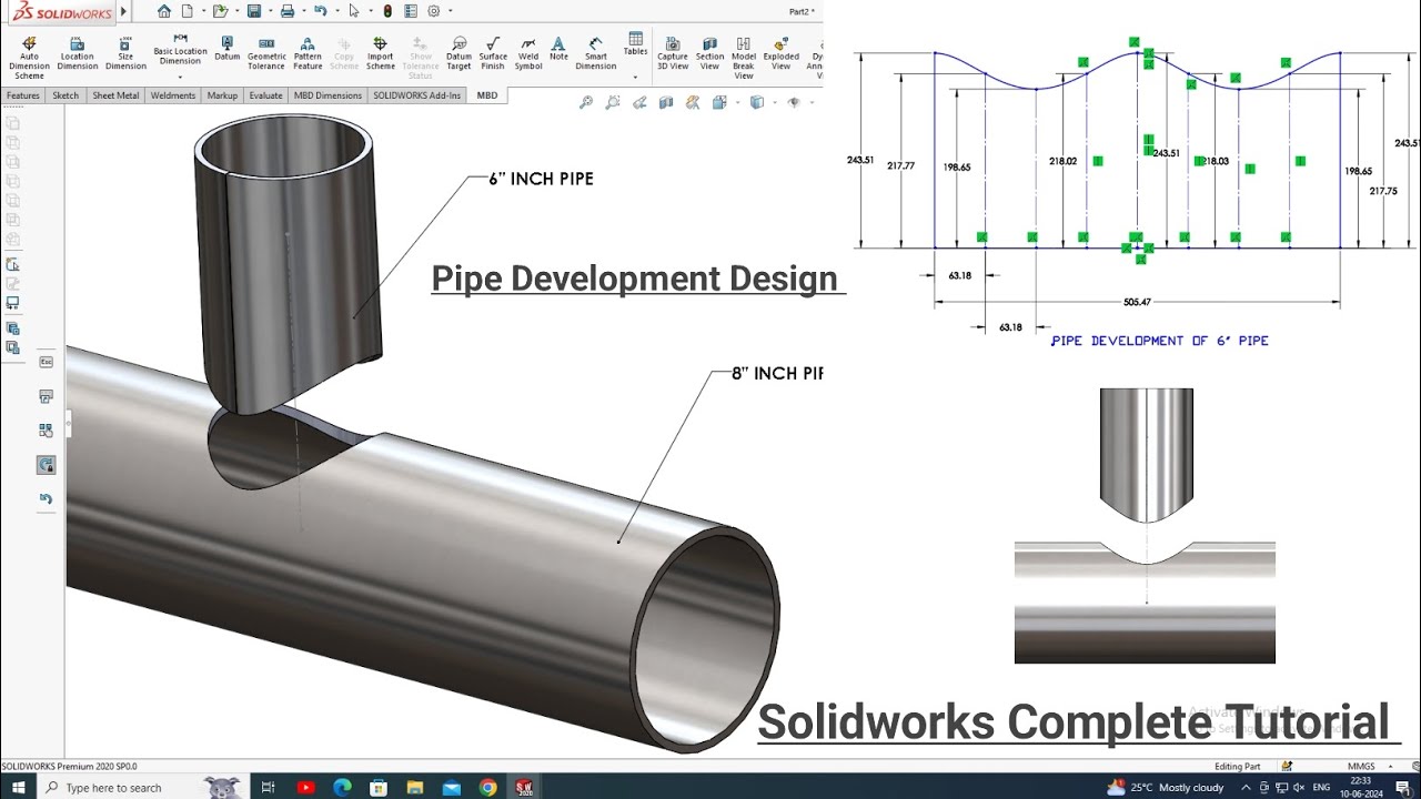 Pipe Development Design In Solidworks| Coped Cut Perpendicular to pipe | Flatten Pipe Insert Bend