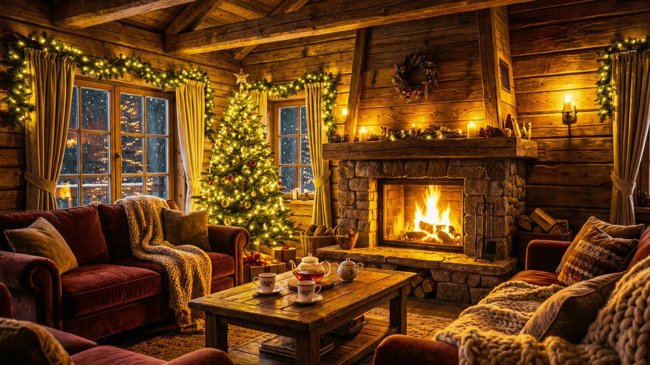 Cozy Christmas Ambience 🎄 Soft Snow & Warm Fireplace • Relaxing Holiday Music
