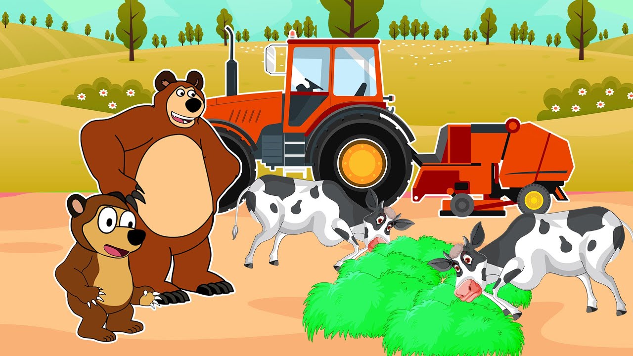 The Bear Farm: Farmer Bear's Dad Gathers Grass to Feed the Cows | Farm Vehicles