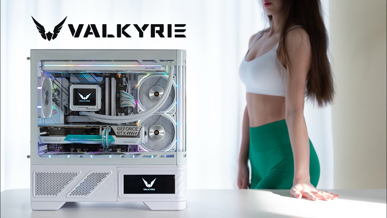 Hyperbolic large screen sea view room chassis | VALKYRIE VK03-M White PC Building and table setup