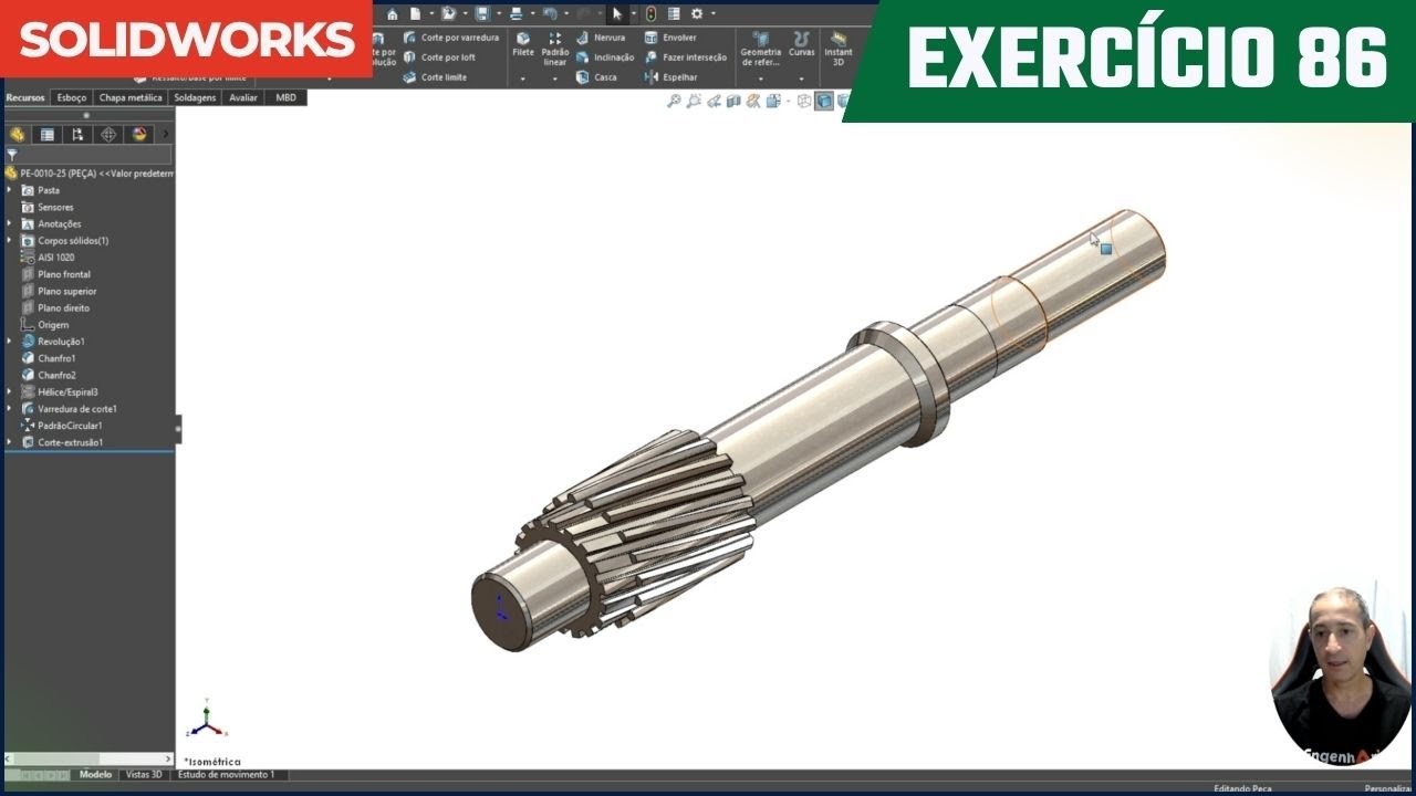 Modelagem Eixo com Engrenagem Helicoidal no Solidworks | Exercicio #86