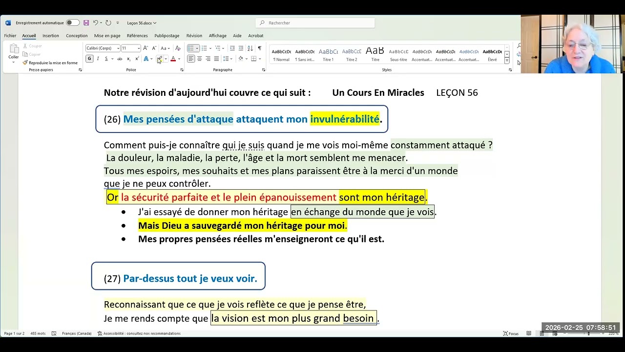 985-Révision I.  Leçon 56 (26) Mes pensées d'attaque attaquent mon invulnérabilité. ...