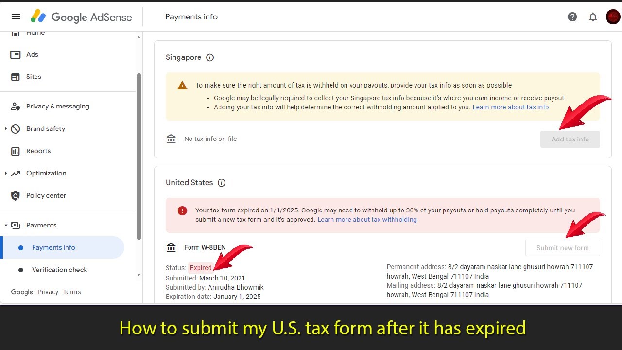 Как заполнить налоговую форму США в Google AdSense после истечения срока действия | Руководство п...