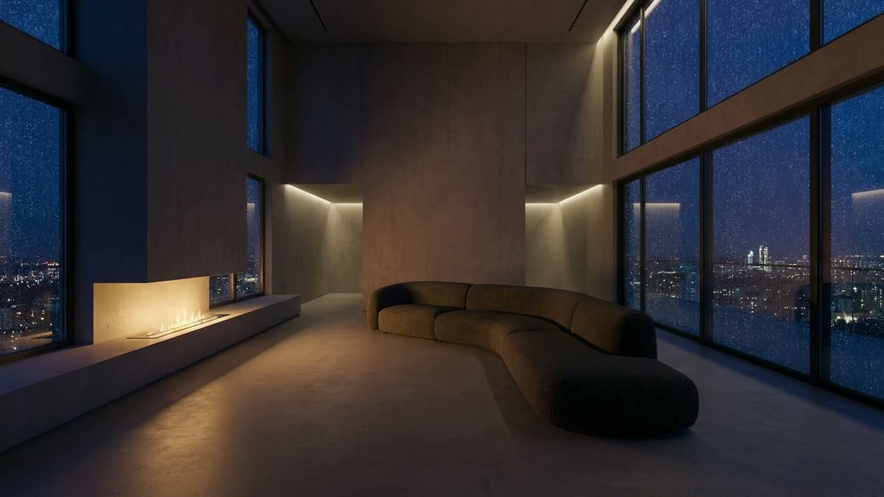 Ultra-Modern Luxury Living Room 🌃 Fireplace, Rainy Night & City View Ambience