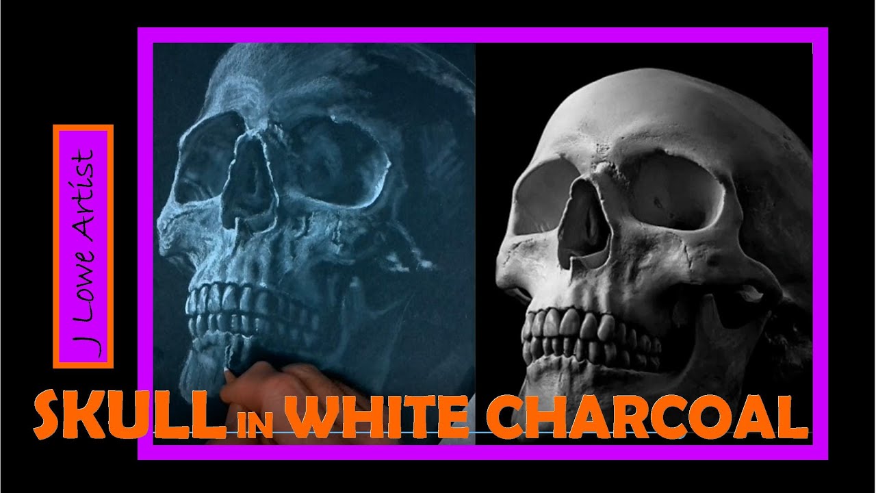 SKULL DRAWING TUTORIAL EASY: White Charcoal on Black Paper Drawing