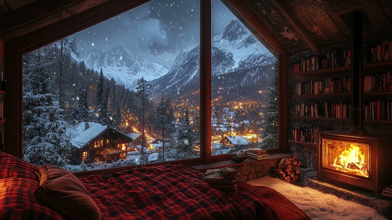 Peaceful Winter Cabin Night | Warm Fireplace & Gentle Snowfall for Calm Thoughts and Sleep