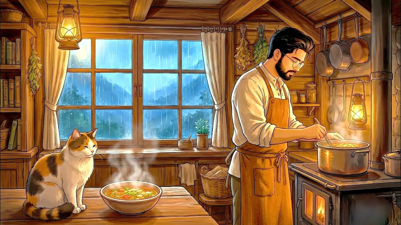 Rainy Night in a Cozy Mountain Hut | Studio Ghibli 7-Minute ASMR Short