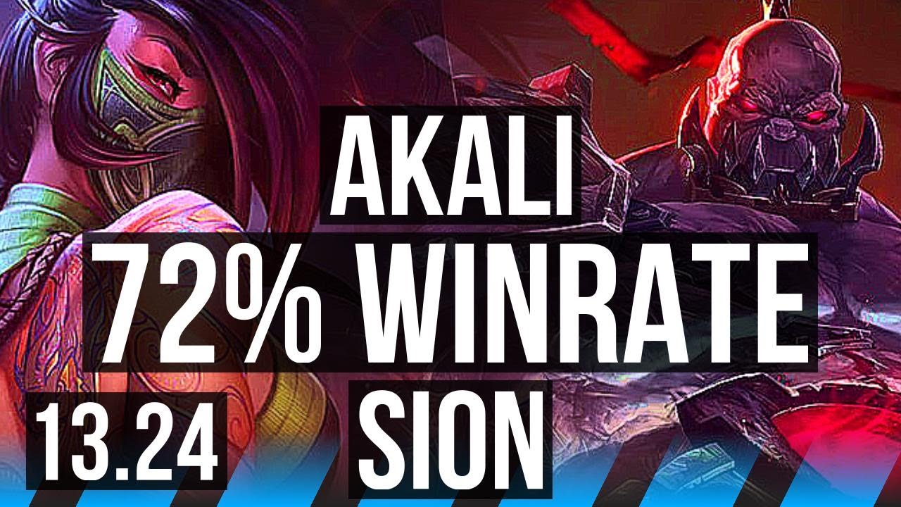 AKALI vs SION (MID) | 13/1/4, 72% winrate, 7 solo kills, Legendary | KR Master | 13.24