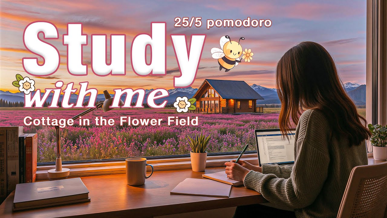 🌷2-HOUR STUDY WITH ME in Flower Field 🎹Calm Piano 🍃 Nature Sounds | 25/5 Pomodoro