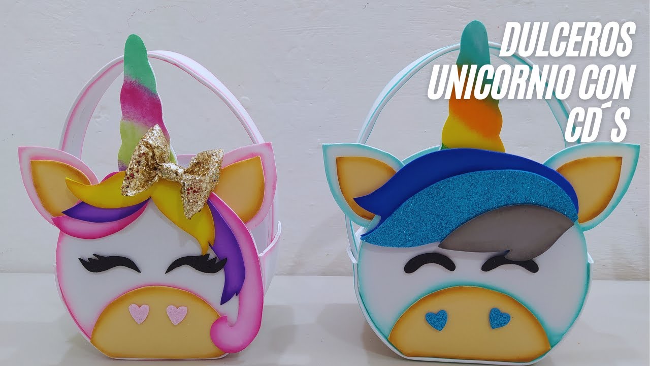 Dulceros de Unicornio en foami o goma eva con DVD´s o Cd´s reciclados./unicorn souvenirs
