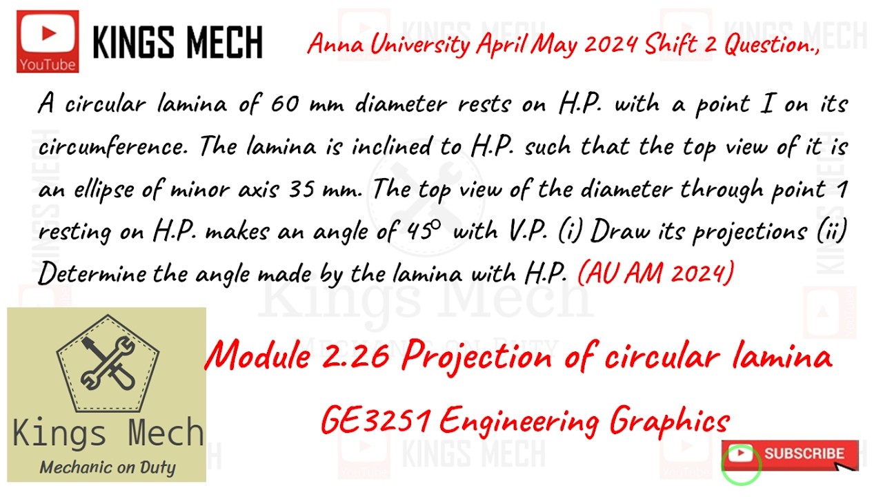 Module 2.26 Projection of circular lamina Anna University April May 2024 Shift 2 Question