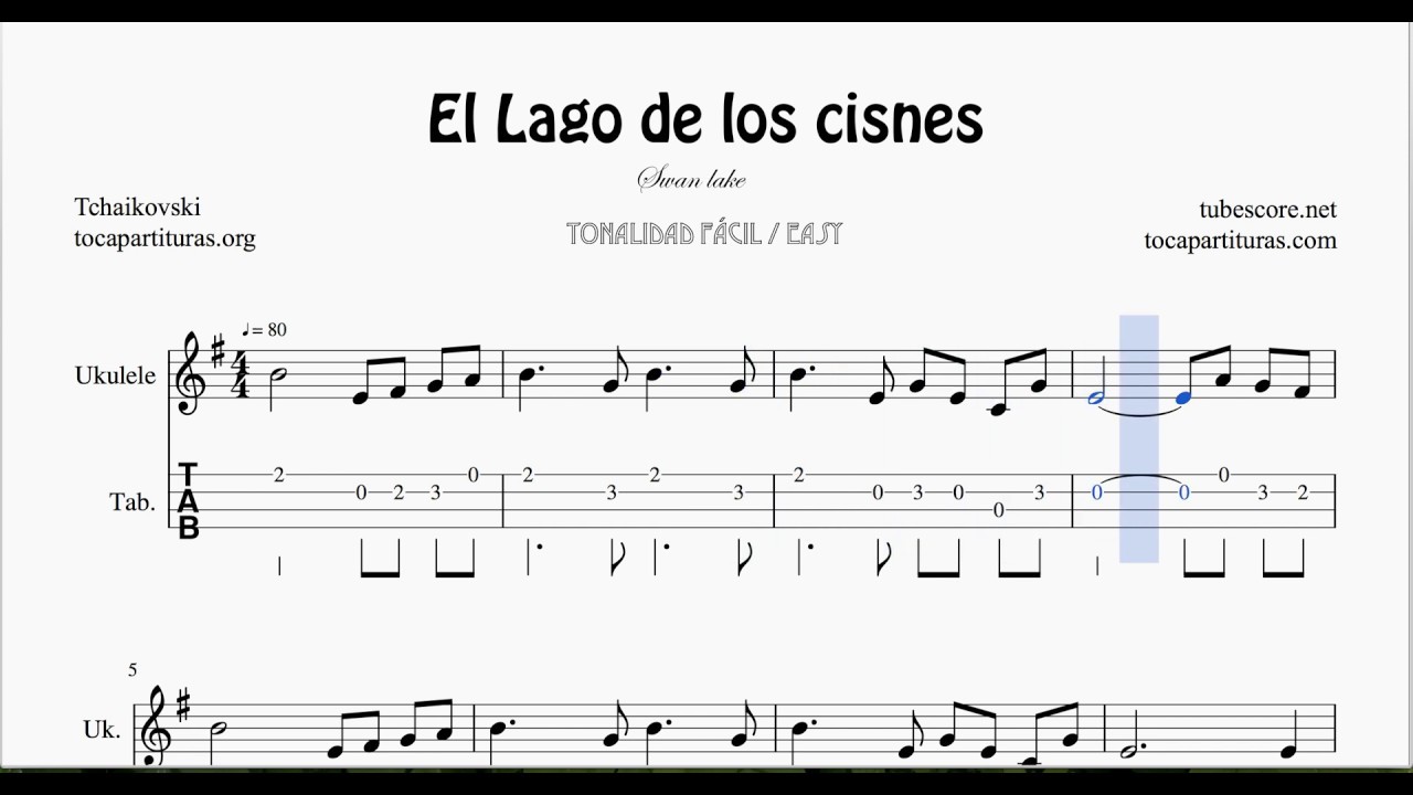 El Lago de los Cisnes Partitura Tablatura Facil del Punteo de Ukelele (Tabs)