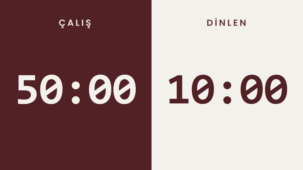 Pomodoro Sayacı ⏱️ | 2 x 50 Dakika | 50 Dakika Çalış, 10 Dakika Ara | Müziksiz & Alarmlı