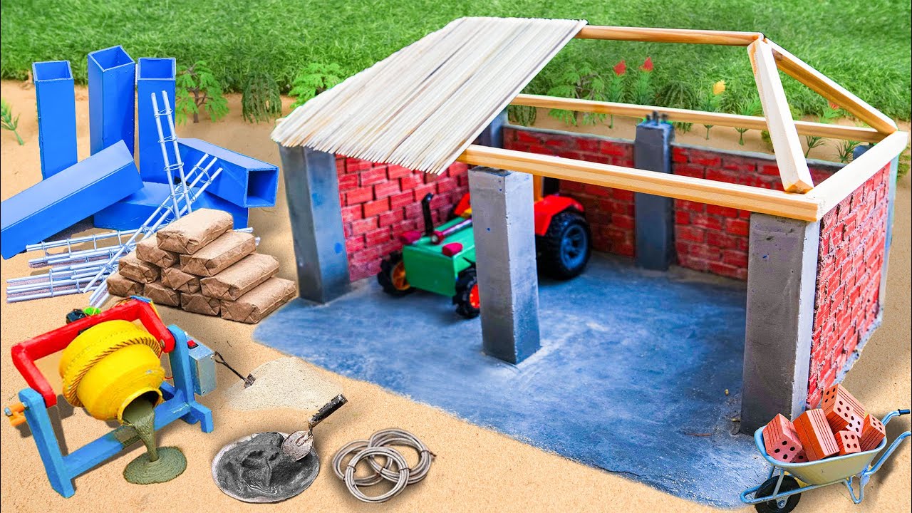 Diy Mini Tractor Build Garage Construction | Diy Making Concrete Mixture Machine Science Project