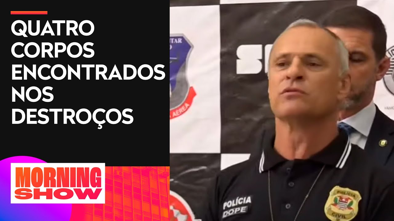 Polícia faz coletiva de imprensa sobre helicóptero encontrado em SP