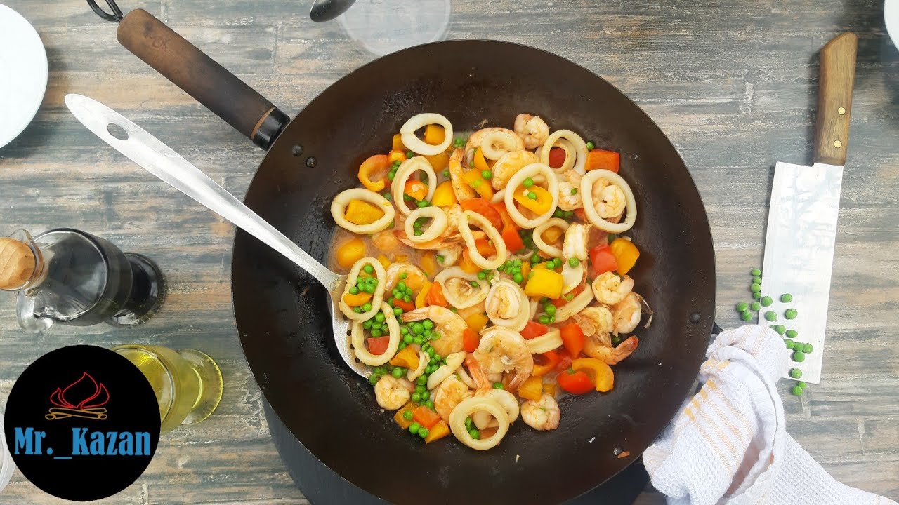 Garnelen mit Tintenfisch Ringe auf asiatische Art