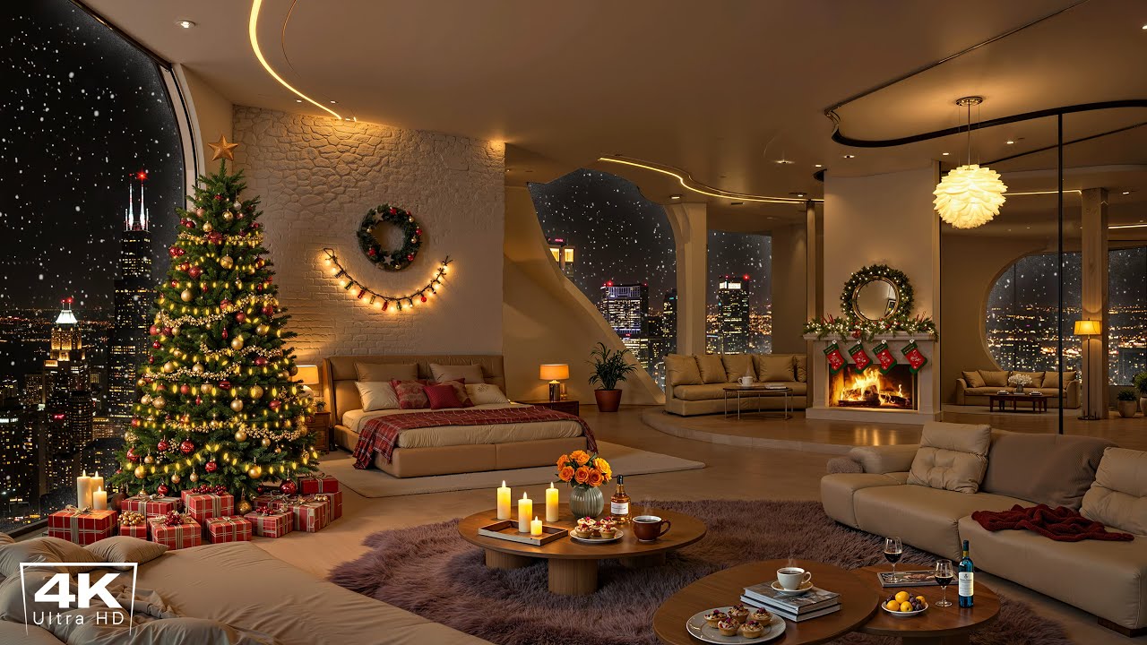 Jazz Christmas Music 🎄 Cozy Chicago Apartment with Relaxing Jazz & Fireplace Sounds for Relax, Sleep