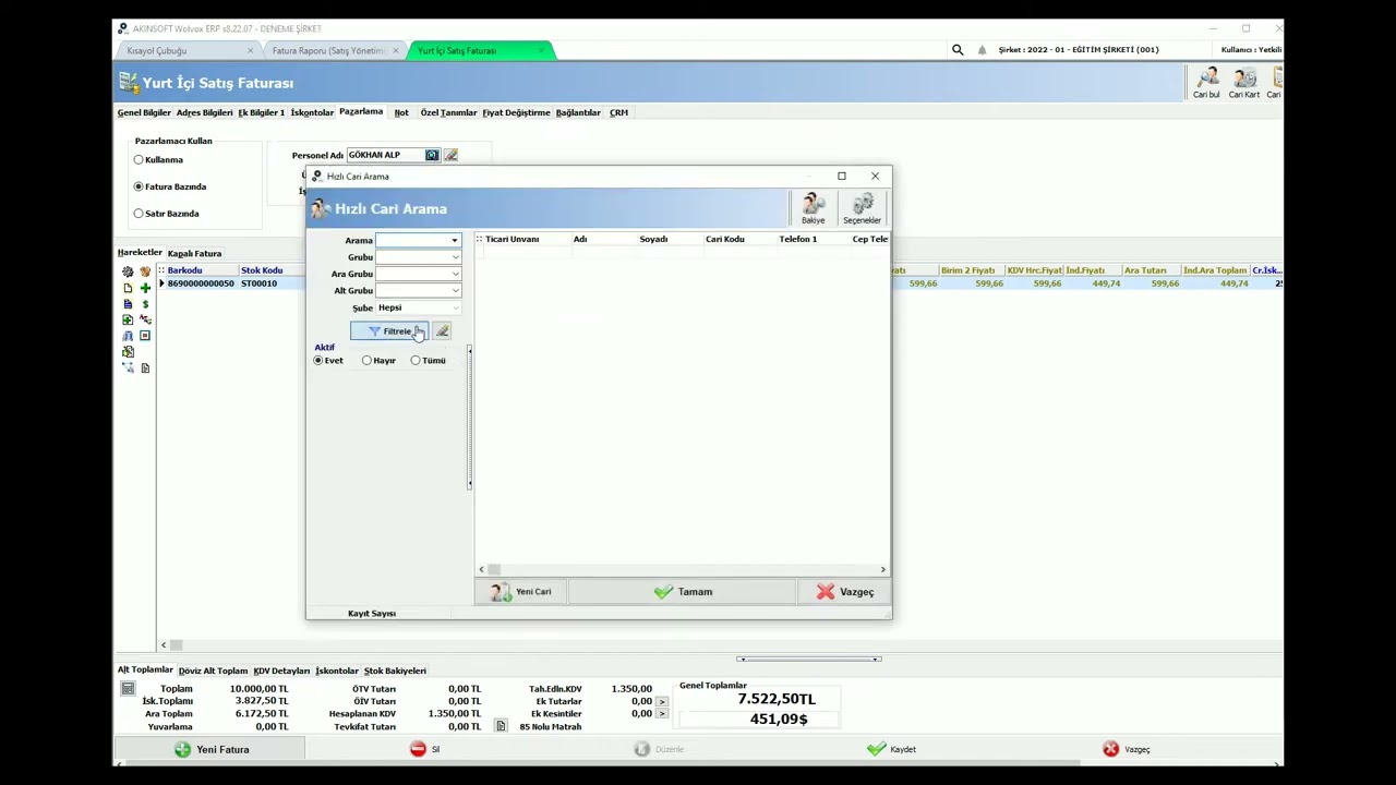AKINSOFT WOLVOX ERP - Fatura İşlemleri - Fatura Sayfası |  Pazarlama Sekmesi Kullanımı