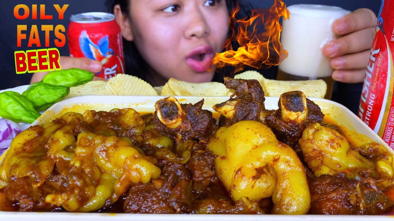 COOKING & EATING OILY BHUNA MUTTON FATS CURRY, SPICY MUTTON CURRY & BEER 🔥MUTTON CURRY MUKBANG