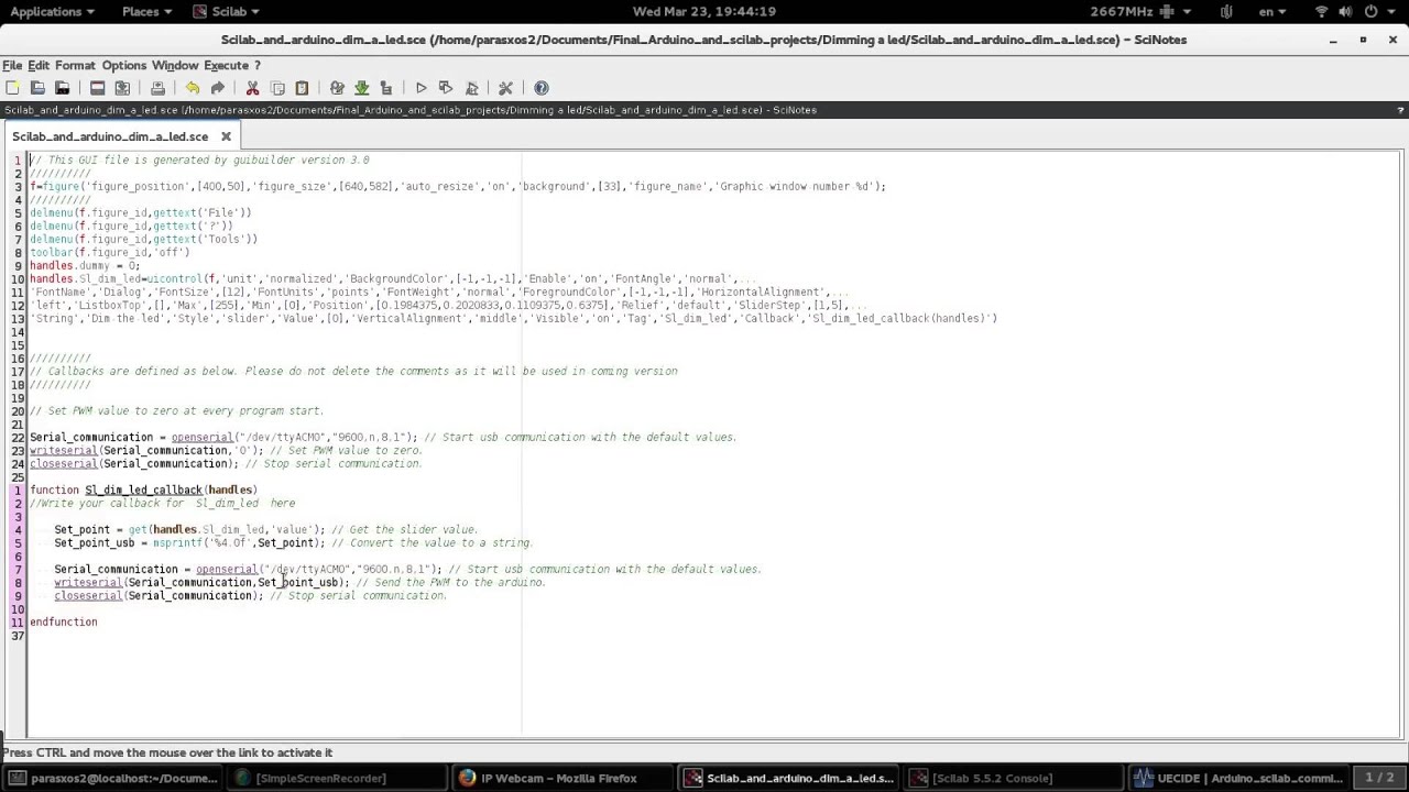 Scilab & arduino. Video tutorial #2. Controling arduino PWM output using scilab. Dimming a led