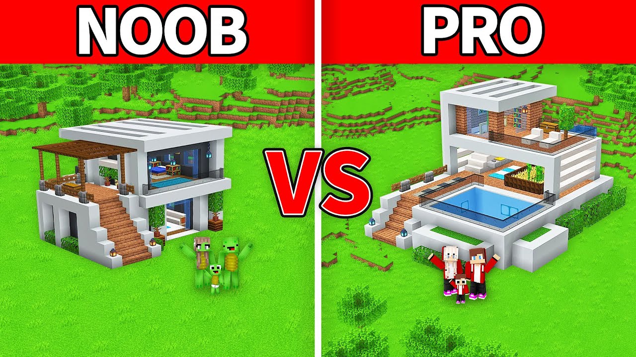 JJ Family & Mikey Family - NOOB vs PRO : Modern House Build Challenge in Minecraft!