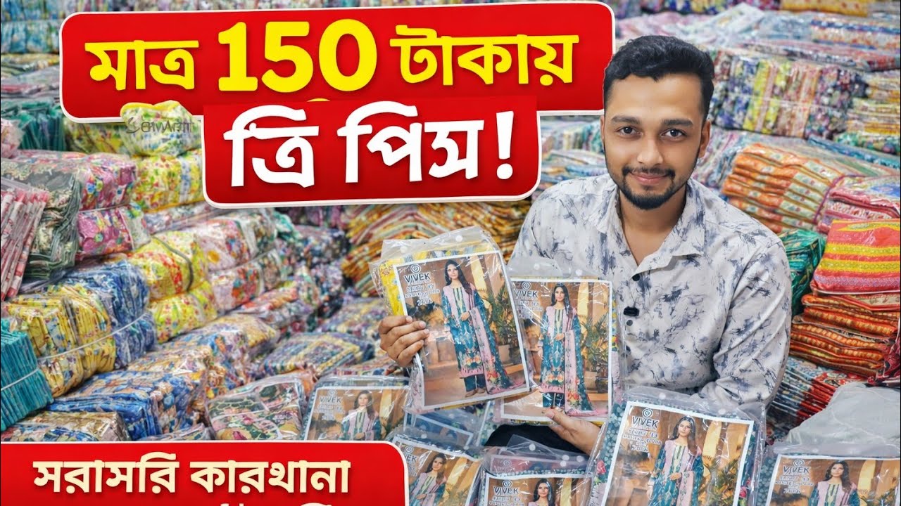 মাত্র ১৫০ টাকায় থ্রি পিস। গাউছিয়া থ্রি পিস কাপড়ের পাইকারি মার্কেট there pice wholesale market bd 