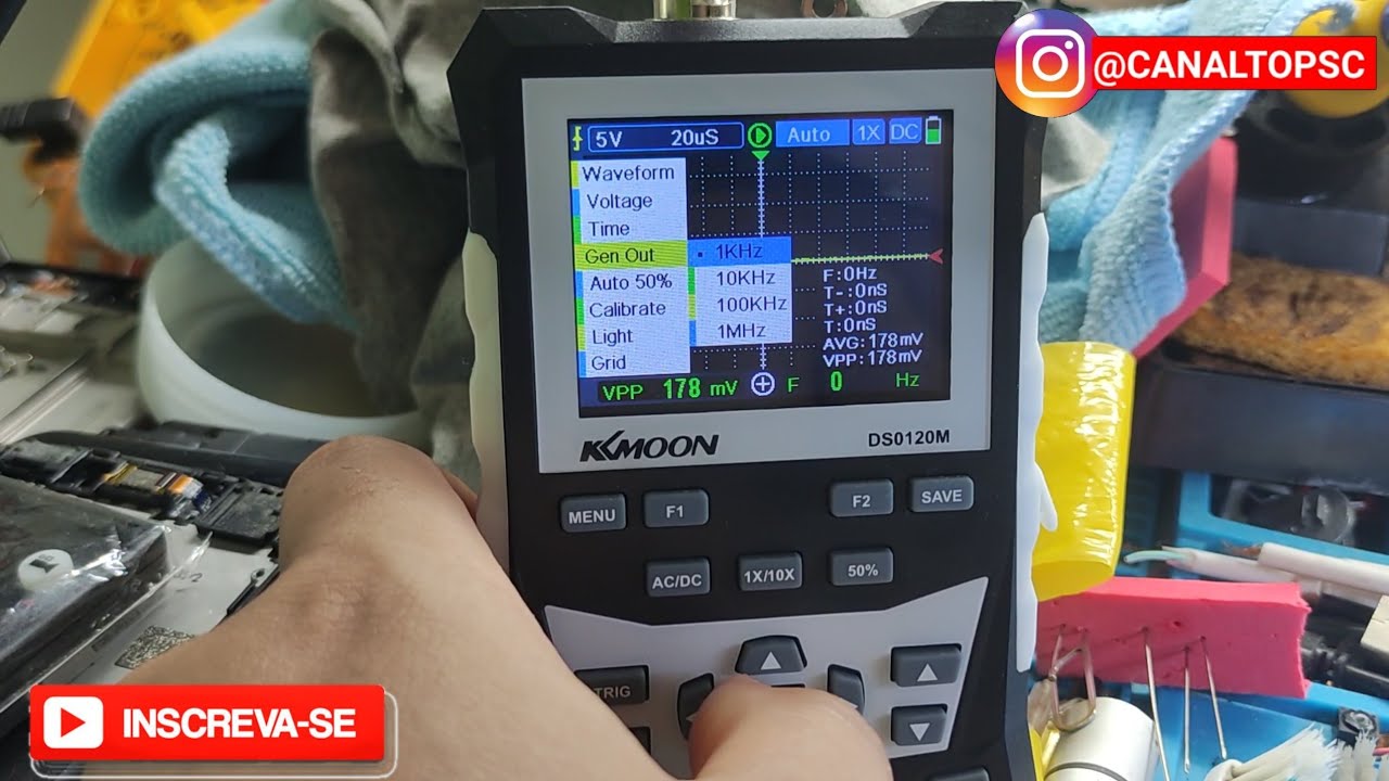 Como medir cristal oscilador de celular usando oscilosc&oacute;pio port&aacute;til KKmoon-DS0120M