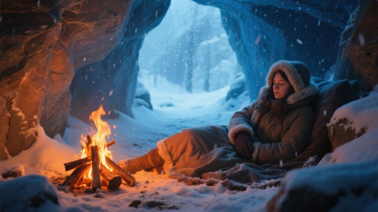 Soft Sleep Music in Snowy Winter with Cozy Fireplace Glow