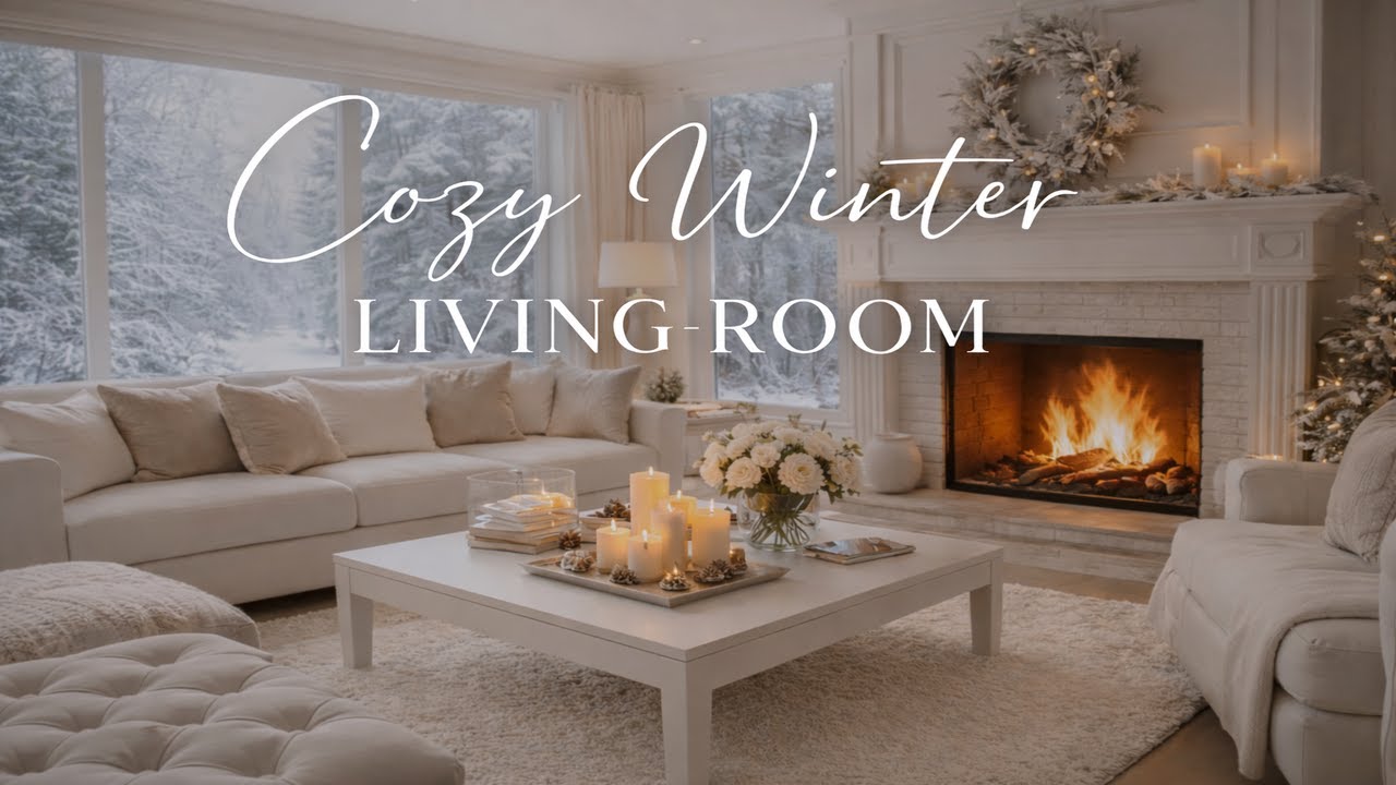 Luxury Cozy Winter Living Room Ambience ❄️🔥 | Fireplace & Candlelight | Snowfall View |4K Relaxation
