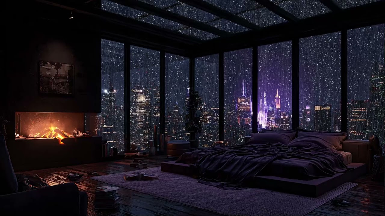 Quiet Urban Rain at Midnight 🌙 | Slow Piano Music and Warm Fireplace for Stress Relief Sleep