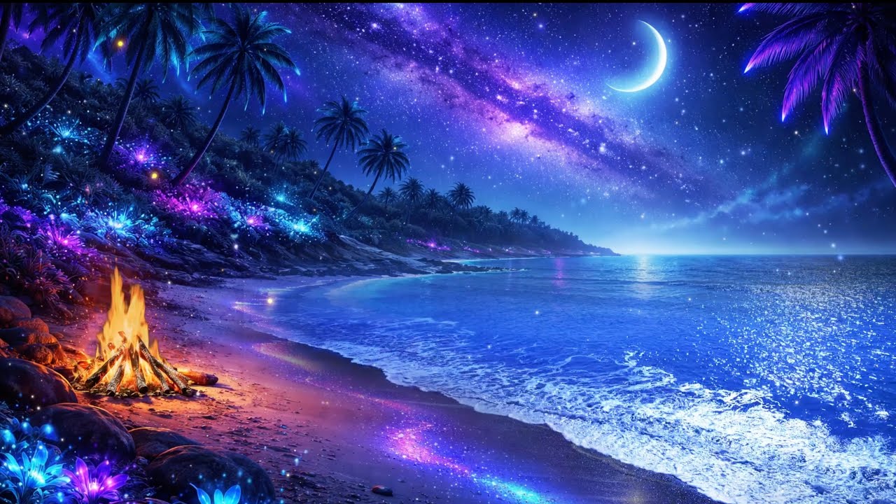 🏖️ Magical Beach Bonfire Ambience | Waves & Bonfire Sounds | Fluorescent Ethereal 🌙