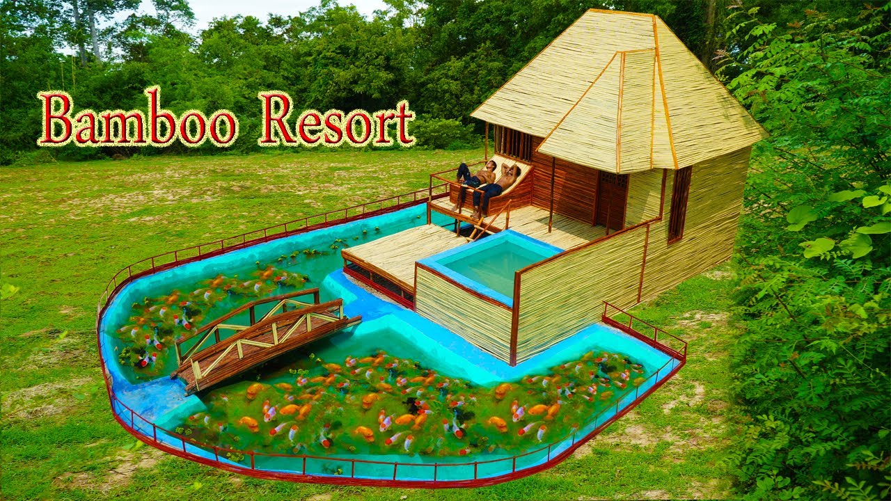 [Full Build] Build Modern Bamboo Resort With Bamboo Bed, Bamboo Patio Chairs, pool and Fish Pond