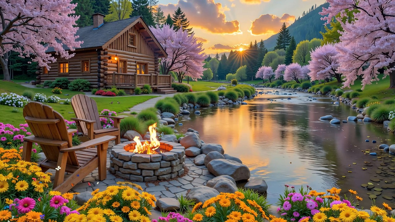 Spring Riverside Piano Music in Forest 🌿🔥 Cozy Crackling Fire with Soothing Nature Sounds, Birdsong