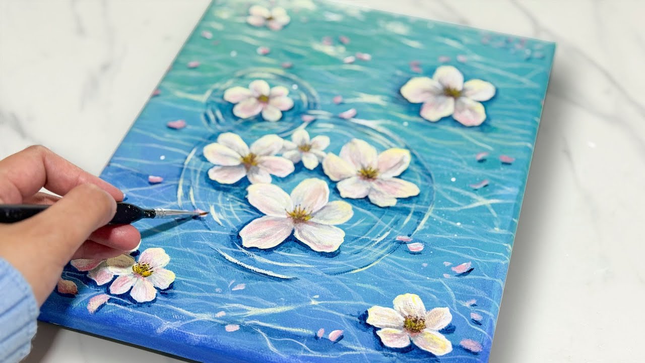 🌸 Spring Painting Idea 🌸Floating Cherry Blossom on Water's Surface Painting with Acrylic