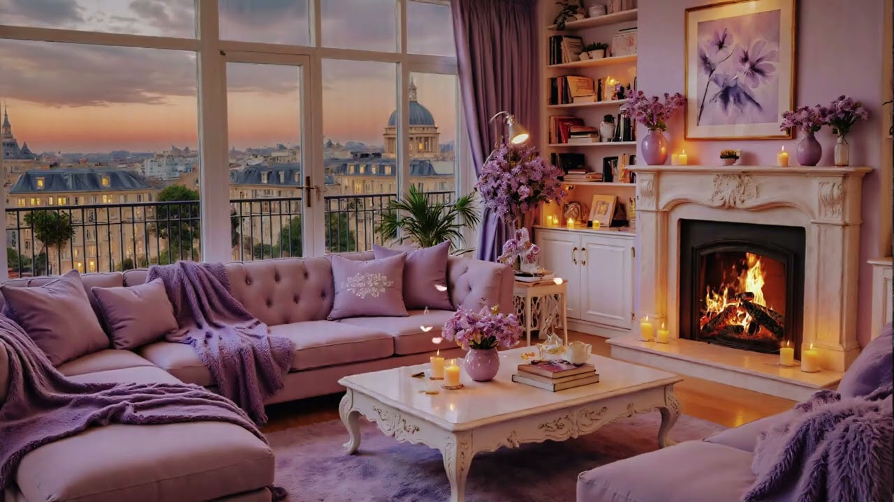 🎹 Peaceful Piano in Purple Lounge | Fireplace Glow, Candles & Romantic Vibes for Deep Sleep