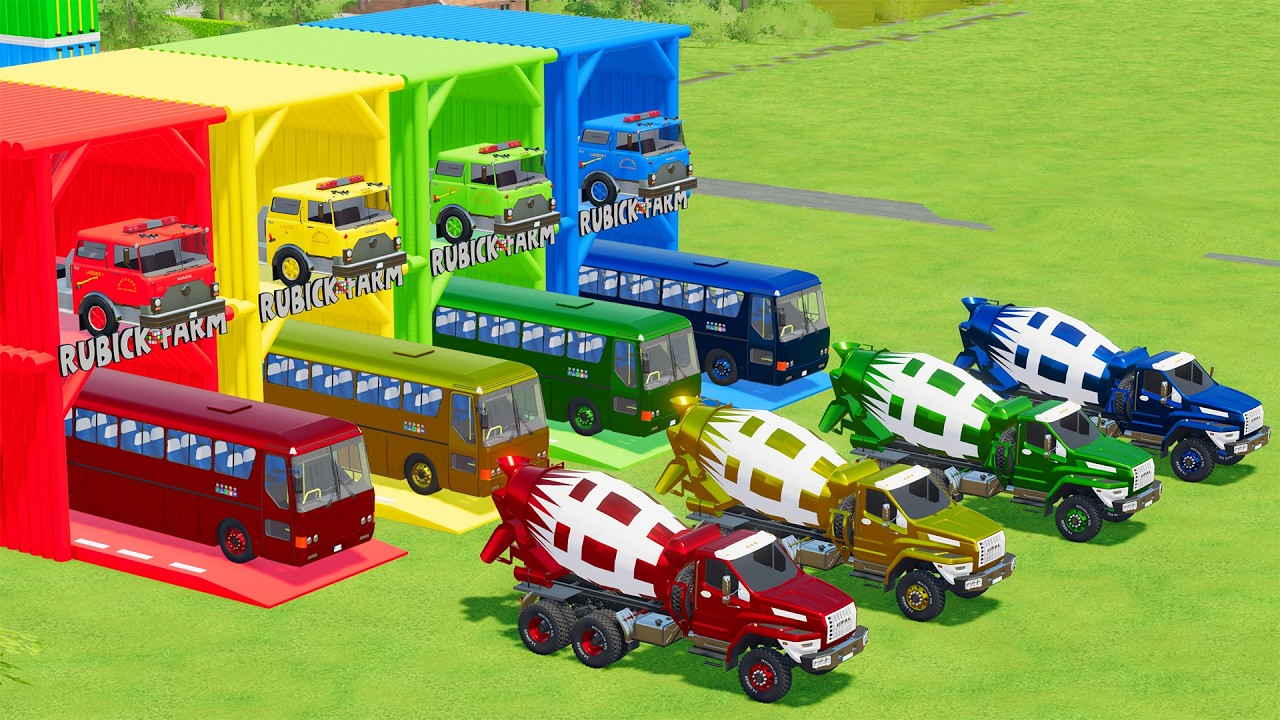 Garage with Colors - ALL MIXER TRUCK WITH DOUBLE FLATBED TRAILER TRUCK, MACK, LIZARD, URAL