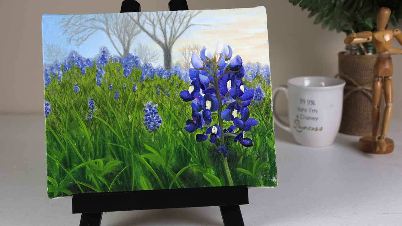 #43:LANDSCAPE OIL PAINTING TIME LAPSE of Texas Bluebells| Flower painting #GrowingGardenArtChallenge