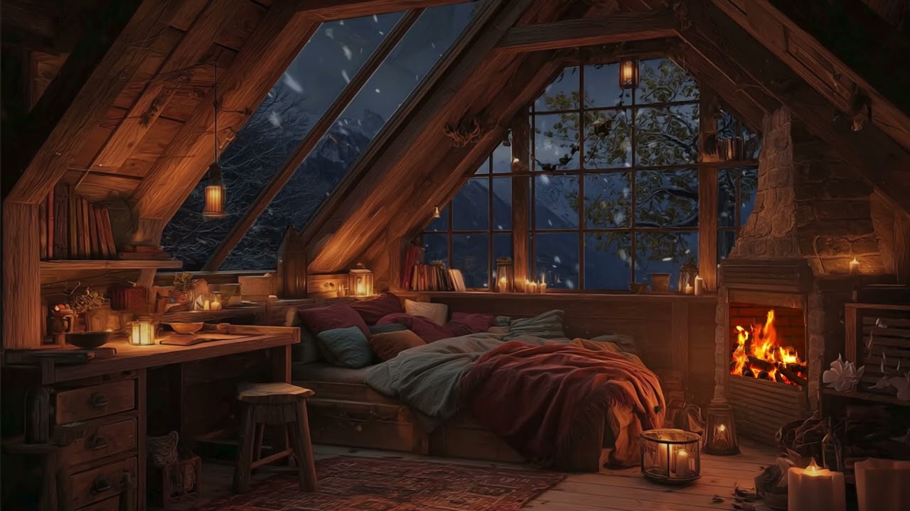 Calm Indoor Atmosphere with Warm Fireplace and Gentle Flowing Air