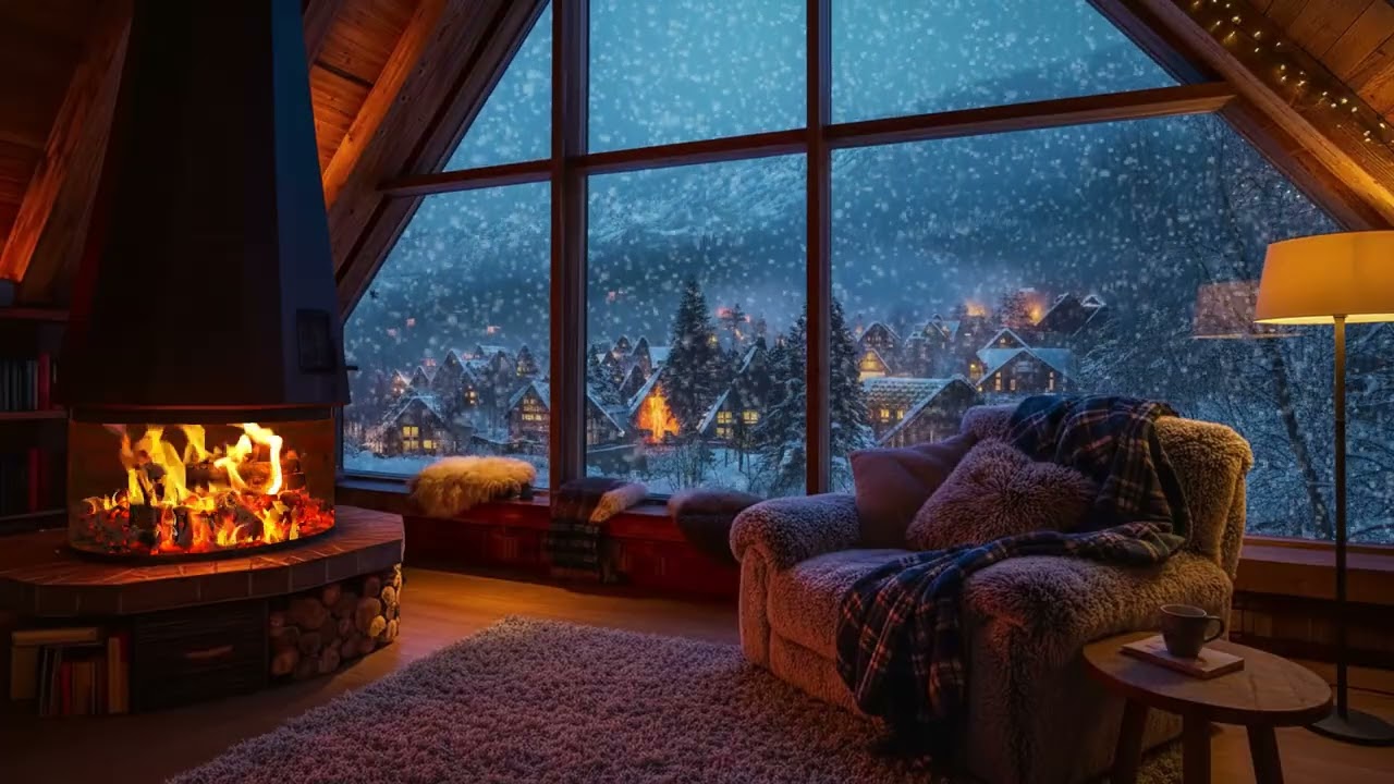 Winter Blizzard Outside the Cabin | Warm Fireplace Ambience for Deep Sleep & Concentration