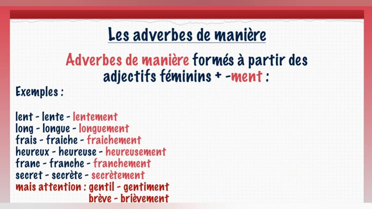 Les adverbes. Les adverbes de manière en -ent.