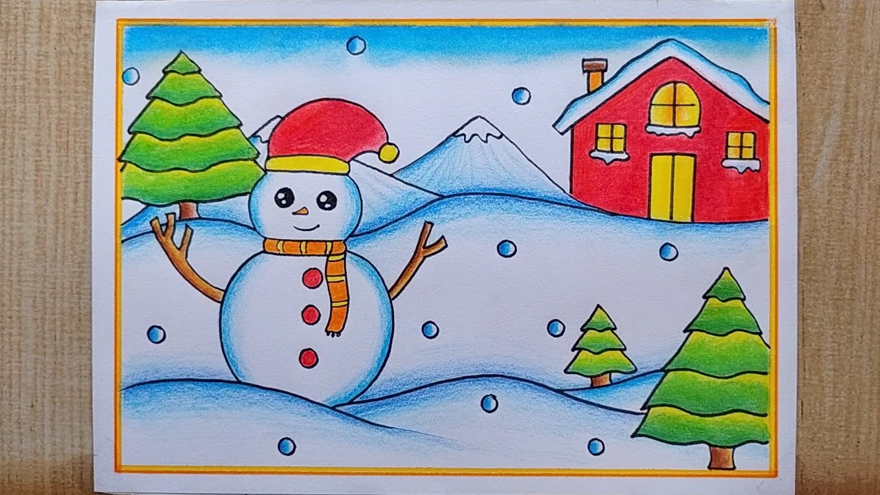 Winter season Snowman drawing easy| Winter season drawing| Winter Season Snowfall Scenery drawing