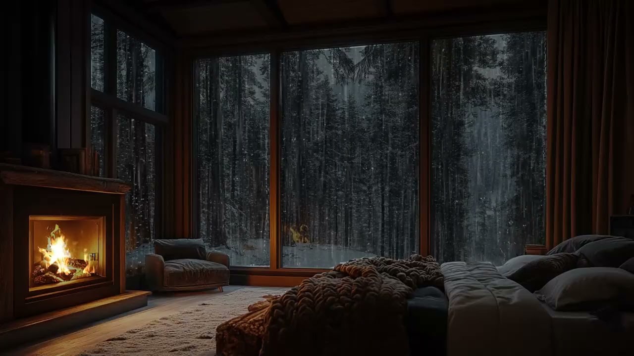 Rain Sound on the Window with Warm Fireplace for Deep Sleep Relaxation and Stress Relief