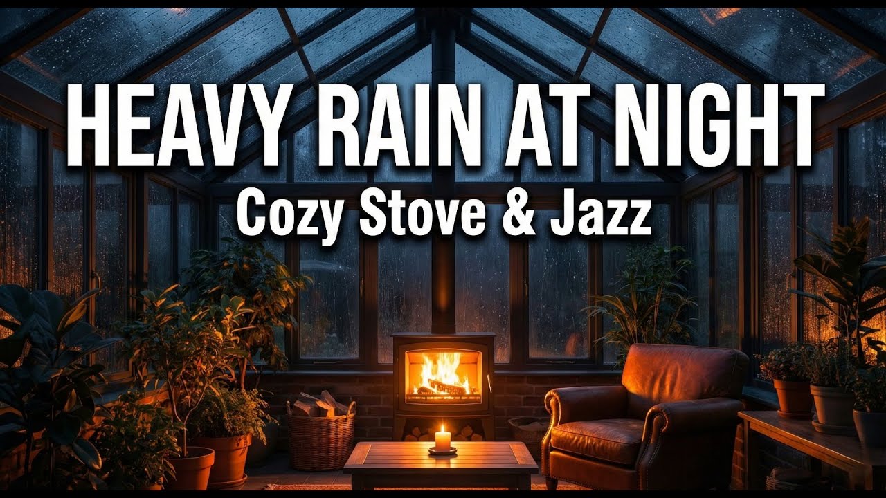 Heavy Rain on Glass Roof at Night 🌧️ Cozy Winter Garden with Stove (Relaxing Jazz)
