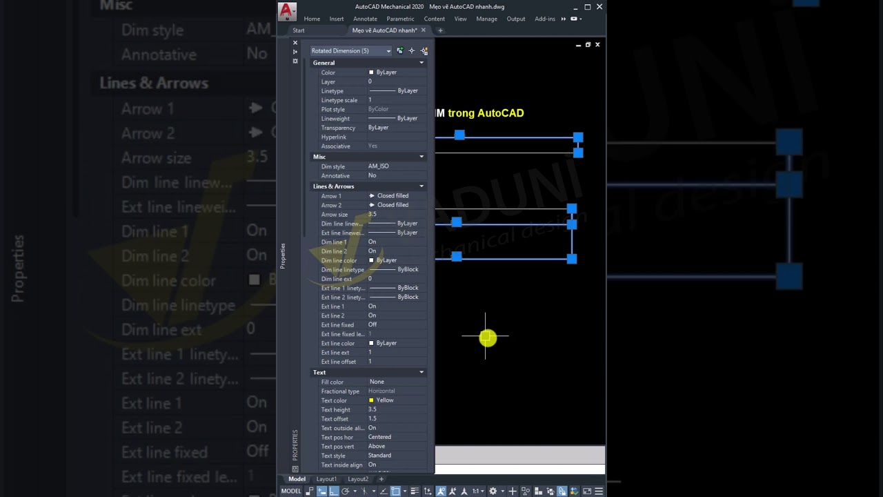 2 c&aacute;ch chỉnh to DIM trong AutoCAD rất hay c&oacute; thể bạn chưa biết #vaduni #autocad1phut #hocautocad