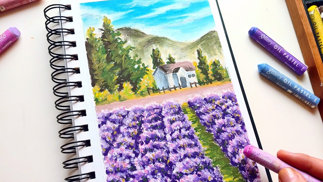 Oil Pastel landscape #38 / How to Paint Lavender Field for Beginners _ Healing Drawing