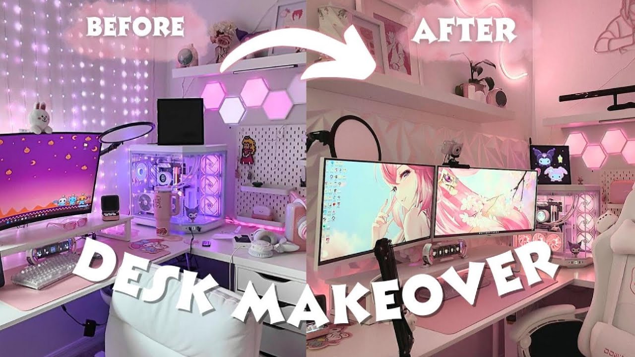 Эстетическое преображение стола 🎀 | вдохновение Pinterest | распаковка мониторов + игрового кресл...