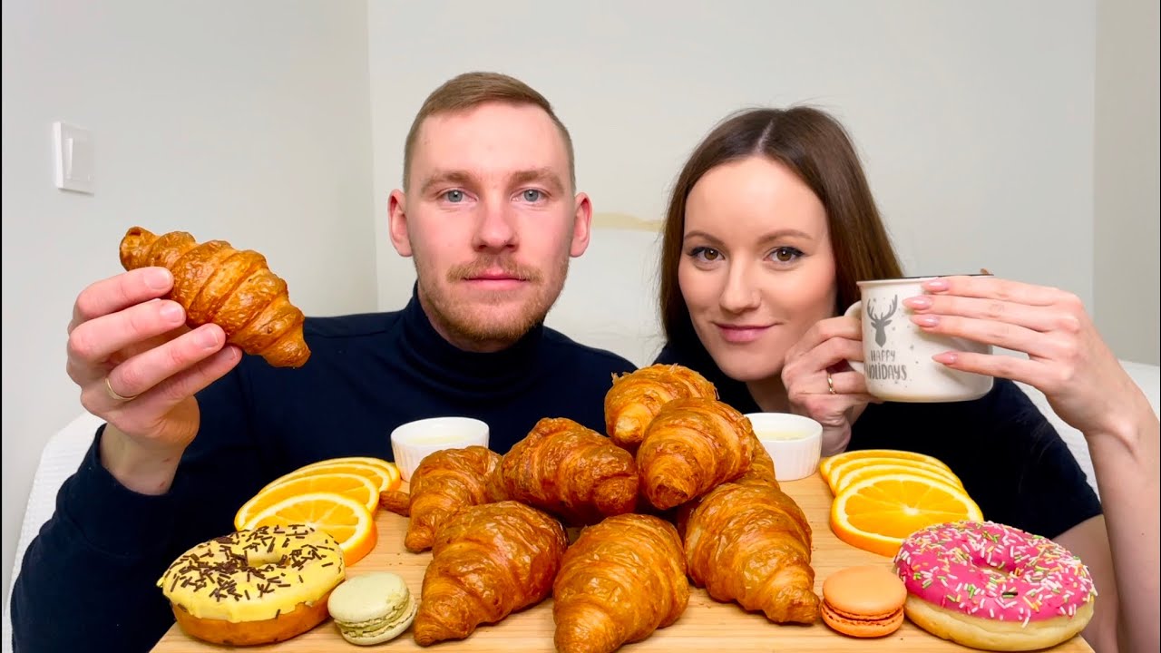 Мукбанг Круассаны пончики макаронс Mukbang Croissants doughnuts macarons