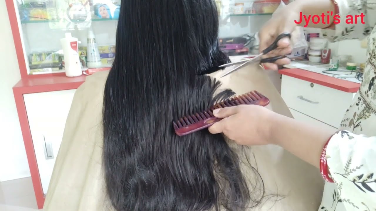 very long to short blunt hair cut, . लंबे बालोका छोटा हेअर कट.
