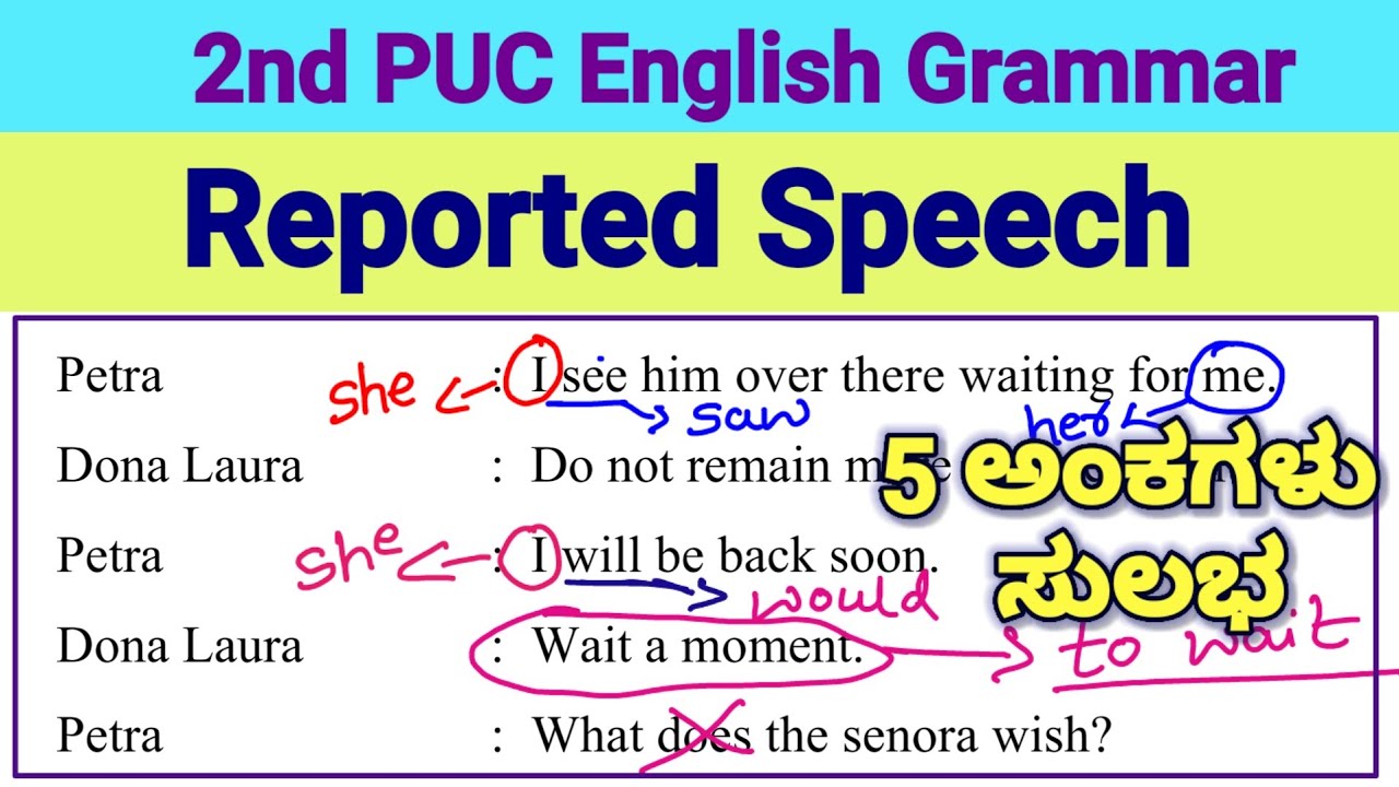 2nd PUC Reported Speech 5 marks question Kannada Explanation Second PUC English Grammar in Kannada