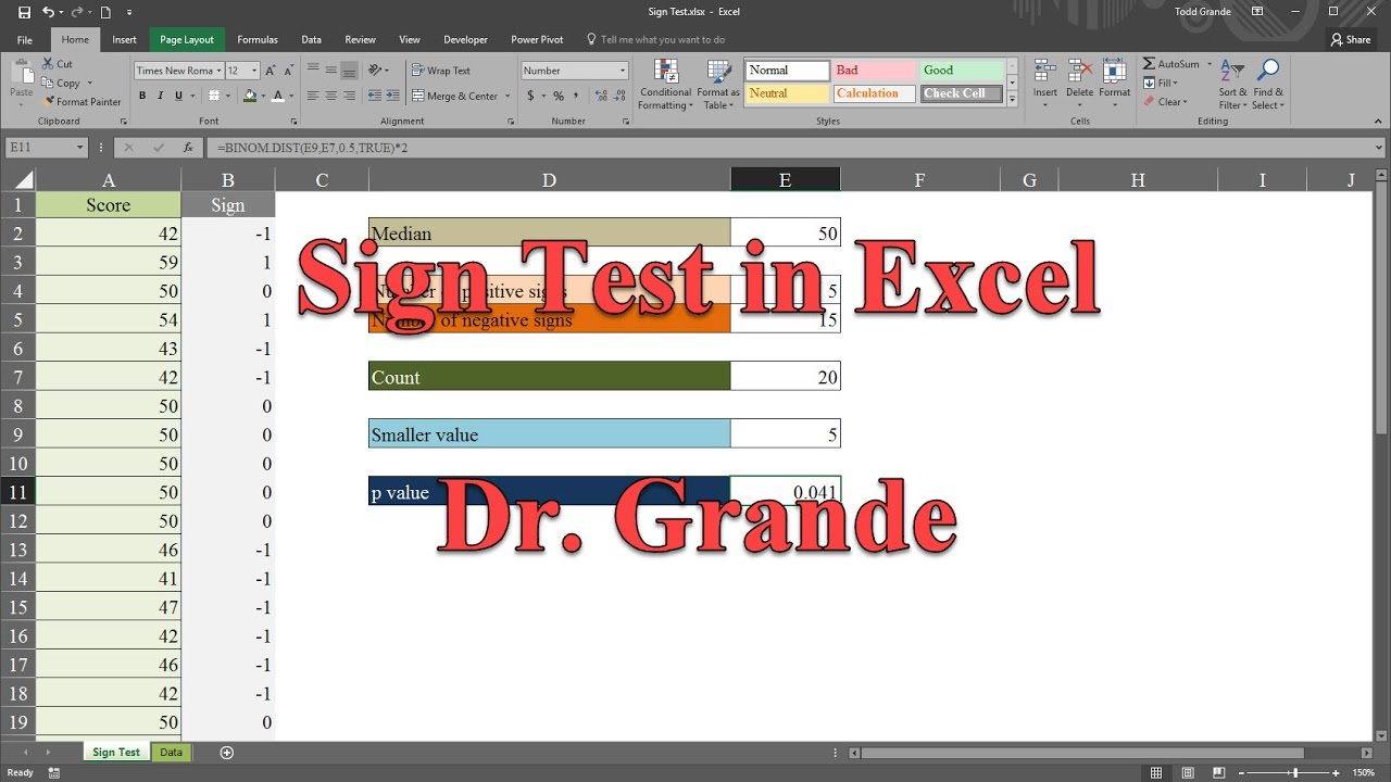 Sign Test as a Non-Parametric Alternative to a One-Sample T Test in Excel